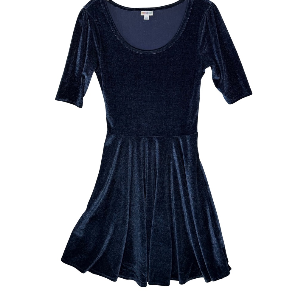 LuLaRoe Women M Navy Blue Velvet Nicole Fit & Flare Dress Skater Cocktail Party